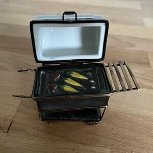 Barbecue Grill with Steaks corn Peint Main Limoges Trinket rare French Porcelain